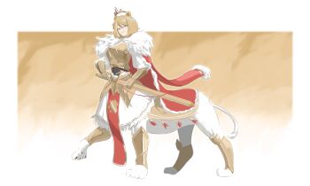 1girl absurdres animal_ears armor blonde_hair blue_eyes centauroid coat coat_on_shoulders commentary crown floating_crown full_armor full_body fur-tipped_tail fur-trimmed_coat fur_trim gauntlets gold_armor hair_between_eyes highres holding holding_sheath holding_sword holding_weapon lion_ears lion_girl lion_tail looking_at_viewer monster_girl multiple_legs original parted_lips pawpads pelvic_curtain red_coat sheath sheathed shin_guards short_hair skirt smile solo standing standing_on_three_legs swiz667 sword tail taur weapon white_skirt
