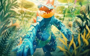 air_bubble bubble feebas feraligatr fish gen_1_pokemon gen_2_pokemon gen_3_pokemon gen_7_pokemon kurobe_saki lily_pad magikarp nintendo no_humans open_mouth pokemon pokemon_(creature) pokemon_focus pokemon_tcg seaweed second-party_source sharp_teeth smile solo_focus spines sunlight teeth underwater wishiwashi wishiwashi_(solo) yellow_eyes