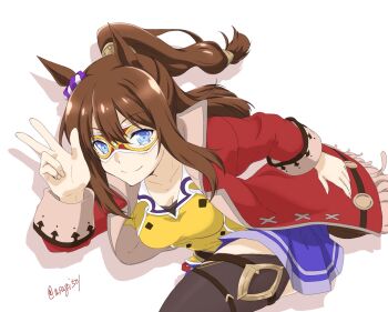 1girl animal_ears artist_name asagi501 belt black_thighhighs blue_eyes blue_skirt breasts brown_belt brown_hair cleavage closed_mouth collarbone commentary_request cowboy_shot domino_mask double-parted_bangs drop_shadow ear_scrunchie el_condor_pasa_(el_numero_1)_(umamusume) el_condor_pasa_(umamusume) eye_mask hair_between_eyes hair_tubes hand_up highres horse_ears horse_girl horse_tail jacket long_hair long_sidelocks looking_at_viewer mask medium_breasts metal_hair_tubes miniskirt open_clothes open_jacket pleated_skirt ponytail purple_scrunchie red_jacket running scrunchie shirt sidelocks skirt smile solo split_mouth tail thighhighs twitter_username two-tone_scrunchie umamusume v variant_set watermark white_background white_scrunchie yellow_shirt