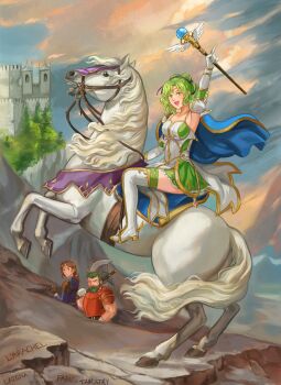 Rule 34 | 1girl, 2boys, :d, absurdres, blue cape, boots, cape, dozla (fire emblem), fine art parody, fire emblem, fire emblem: the sacred stones, green eyes, green hair, highres, horseback riding, l'arachel (fire emblem), multiple boys, napoleon crossing the alps, nintendo, open mouth, parody, rennac (fire emblem), riding, short hair, smile, solo focus, tamafry, thigh boots, white footwear