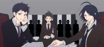 10s 3boys ahoge black_hair blue_eyes brown_hair cup danganronpa danganronpa/zero danganronpa_(series) green_eyes guards hinata_hajime jacket kirigiri_jin looking_at_viewer male_focus matsuda_yasuke meeting multiple_boys necktie okuragon papers purple_hair school_uniform suit_jacket table teacup