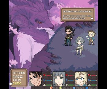 1boy 2girls :> anjo_nala artist_name bakki black_footwear black_gloves black_hair black_jacket black_neckerchief black_skirt blonde_hair blue_eyes blue_pants blue_shrug blunt_bangs blunt_ends boater_hat bob_cut brown_footwear brown_hat burn_scar crystal_ball deformed feather_boa gameplay_mechanics gloves grass grey_footwear grey_hair grey_shorts grey_tank_top hand_up hat health_bar jacket j_(reverse:1999) matilda_bouanich matilda_bouanich_(the_genius's_holiday) mercuria_(reverse:1999) midriff monster multiple_girls neckerchief overall_shorts overalls pants pixel_art purple_fur reverse:1999 scar scar_on_face short_hair shorts shrug_(clothing) skirt smile speech_bubble standing tank_top user_interface weapon weapon_on_back