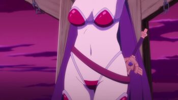 1girl animated anime_screenshot armor armpits bikini bikini_armor blush bouncing_breasts breasts cape cleavage closed_eyes gauntlets groin hammer highleg highleg_bikini highres medium_breasts navel nipples pink_eyes pink_hair red_bikini restrained sawaranaide_kotesashi-kun sayamagaoka_chiyo shoulder_armor sound stomach swimsuit tagme tearing_up thighs torn_clothes video