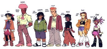 Rule 34 | 3boys, 4girls, afro, baggy pants, bandaged arm, bandages, beard stubble, belt, belt buckle, black belt, black boots, black choker, black eyes, black gloves, black hair, black hat, black pants, black pantyhose, black ribbon, black shirt, black shoes, blue shorts, boots, bow, bowtie, bracelet, brown belt, brown boots, brown coat, brown hair, brown pants, buckle, capsule (capsulecomputrz), checkered clothes, checkered skirt, choker, closed eyes, closed mouth, coat, collared shirt, commentary, crop top, dark-skinned female, dark-skinned male, dark skin, denim, denim shorts, dreadlocks, earrings, embroidered pants, english commentary, english text, facial hair, facial mark, fishnet arm warmers, fishnet thighhighs, fishnets, flannel, forehead mark, freckles, full body, glasses, gloves, goatee, goatee stubble, green jacket, grey pants, hair ornament, hair over one eye, hair ribbon, hair scrunchie, hairclip, hand on own hip, hat, high heel boots, high heels, highres, jacket, jeans, jewelry, knee boots, leg hair, long coat, long hair, long sleeves, loose socks, messy hair, midriff, mini eyewear, multicolored hair, multiple boys, multiple girls, navel, neck ribbon, necklace, necktie, newsboy cap, off shoulder, open clothes, open shirt, orange eyes, orange hair, orange jacket, original, pants, pantyhose, partially unzipped, pimple, pink belt, pink bow, pink bowtie, pink hair, pink necktie, pink shoes, pink skirt, plaid bow, plaid bowtie, plaid clothes, plaid shirt, pleated skirt, ponytail, print shirt, purple sweater, red ribbon, red shirt, red shoes, red skirt, ribbon, round eyewear, sandals, scrunchie, shirt, shirt tucked in, shoes, short hair, shorts, sideburns stubble, simple background, skirt, sleeves rolled up, smile, snakebite (piercing), sneakers, socks, split-color hair, standing, streaked hair, stubble, suspenders, sweater, sweatpants, t-shirt, thick eyebrows, thighhighs, trench coat, turtleneck, turtleneck shirt, twintails, two-tone hair, undercut, untucked shirt, wallet chain, white background, white hair, white shirt, white shoes, white socks, white wrist cuffs, wrist cuffs, yellow scrunchie