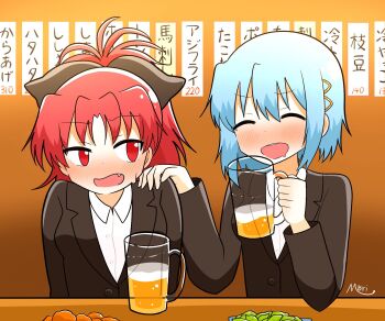 Rule 34 | alcohol, beer, beer mug, black bow, black suit, blue hair, blush, bow, closed eyes, commentary request, cup, drooling, elbow rest, fang, food, formal clothes, glass mug, hair bow, hair ornament, hairclip, hand on another's shoulder, highres, holding, holding cup, lapels, long hair, long sleeves, looking at another, mahou shoujo madoka magica, miki sayaka, mouth drool, mug, nose blush, open mouth, price, red eyes, red hair, sakura kyoko, shirt, short hair, suit, sweat, upper body, white shirt, yaguchi mori