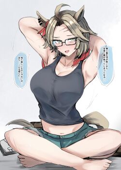 1girl absurdres animal_ears armpits barefoot breasts brown_hair cleavage collarbone commentary_request glasses gradient_background grey_background highres horse_ears horse_girl horse_tail indian_style kanikama25 large_breasts looking_at_viewer medium_breasts midriff navel short_hair sitting solo speech_bubble tail toes translation_request tucker_bryne_(umamusume) umamusume
