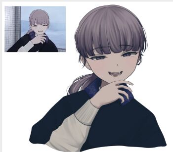 1girl commentary half-closed_eyes hands_up lapwing_(vrchat) laughing lominoes long_hair looking_at_viewer open_mouth purple_eyes purple_hair reference_inset screenshot_inset simple_background solo teeth vrchat white_background