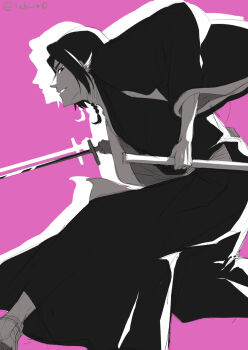 Rule 34 | 1boy, ayasegawa yumichika, bleach, bleach: sennen kessen-hen, braid, commentary request, from side, greyscale with colored background, hakama, highres, holding, holding sheath, holding sword, holding weapon, japanese clothes, lido an0, male focus, pink background, sheath, shihakusho, side braid, sideways glance, smile, solo, sword, twitter username, weapon