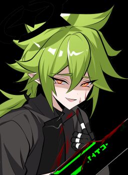 1210534020 1boy :d aotu_world black_background black_gloves black_jacket black_shirt blood blood_on_clothes blood_on_face bloody_weapon chinese_commentary crop_top fang gloves green_hair hair_between_eyes halo hand_up highres holding holding_sword holding_weapon index_finger_raised jacket jewelry long_hair looking_at_viewer low_ponytail male_focus multicolored_eyes multiple_rings open_clothes open_jacket open_mouth pointy_ears ponytail red_eyes ring shirt sidelocks simple_background smile solo sword teeth upper_body weapon xander_(aotu_world) yellow_eyes
