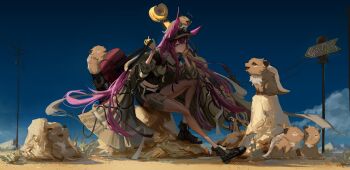 &gt;_&lt; 1girl absurdres animal animal_ears animal_on_head arknights bag black_shirt black_shoes black_shorts blue_sky brown_coat brown_pantyhose cloud coat commentary cropped_shirt desert english_commentary full_body gloves gun hand_up head_rest highres holding holding_bag holding_gun holding_weapon knee_up long_hair looking_at_viewer malai_lo midriff_peek navel nose_bubble on_head outdoors pantyhose pink_hair pouch purple_eyes rabbit_ears ray_(arknights) rock sandbeast_(arknights) shirt shoes shorts signpost sky sleeping solo thigh_pouch very_long_hair weapon yellow_gloves