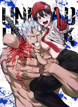 andy_(undead_unluck) beanie black_pants blood blue_eyes breast_rest breasts breasts_on_head carrying couple covered_erect_nipples face_to_breasts feet_out_of_frame gimgyeon_(dog_0987) gloves hat highres izumo_fuuko katana large_breasts necktie no_bra pants pointing red_eyes red_gloves red_necktie shirt sword thick_thighs thighs topless_male undead_unluck upper_body weapon white_hair white_shirt