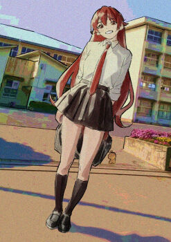 1girl arms_behind_back bag black_shoes black_skirt black_socks eris_greyrat film_grain highres holding holding_bag kneehighs long_hair looking_at_viewer mushoku_tensei necktie nyus0721 outdoors red_eyes red_hair red_necktie school_uniform shirt shoes skirt smile socks solo white_shirt