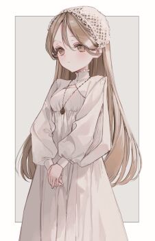 1girl absurdres breasts brown_eyes brown_hair commentary dress expressionless headscarf highres jewelry kyuumura long_hair looking_to_the_side necklace original own_hands_together small_breasts solo symbol-only_commentary white_dress