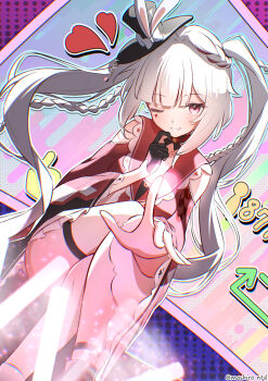 1girl black_hat blush clothing_cutout commentary_request crossed_legs feet_out_of_frame hat highres honkai:_star_rail honkai_(series) long_hair long_sleeves looking_at_viewer mashiro_(user_65392488) official_alternate_costume official_alternate_hair_color one_eye_closed open_mouth pink_eyes shoulder_cutout sitting skirt smile solo sparkle_(honkai:_star_rail) sparxie_(honkai:_star_rail) thighhighs top_hat twintails very_long_hair white_background white_skirt white_thighhighs wide_sleeves