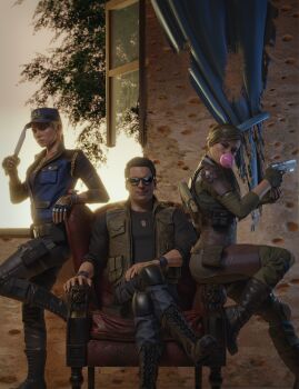 Rule 34 | 1boy, 2girls, absurdres, blender (medium), cassie cage, family, father and daughter, highres, husband and wife, johnny cage, mortal kombat (series), mortal kombat (series), mortal kombat 11, mother and daughter, multiple girls, non-web source, sdwan (artist), sonya blade
