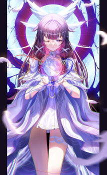 1girl black_border black_hair border columbina_(genshin_impact) commentary_request dress eye_mask falling_feathers feathers genshin_impact hair_wings highres kanimisokani_06 long_hair mask multicolored_hair one_eye_closed orb purple_eyes purple_hair smile solo thigh_strap thighs twitter_username two-tone_hair very_long_hair white_dress white_wings wings