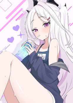 1girl absurdres ahoge bare_legs black_horns blue_archive blue_jacket blue_liquid blue_one-piece_swimsuit blush breasts cup demon_girl demon_horns drinking_glass drinking_straw flat_chest hair_ornament hairclip hands_up heart highres hina_(blue_archive) hina_(swimsuit)_(blue_archive) holding_glass horns jacket kanimiso30601 knees_up loli long_hair long_sleeves looking_at_viewer multiple_horns name_tag no_wings off_shoulder old_school_swimsuit one-piece_swimsuit purple_eyes school_swimsuit side_ponytail sitting sleeves_past_wrists small_breasts solo sweat swimsuit thighs very_long_hair white_hair