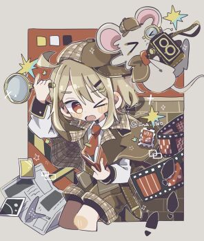 Rule 34 | 1girl, book, camera, detective, ena 1510, film strip, highres, magnifying glass, mouse, necktie, one eye closed, photo (object)