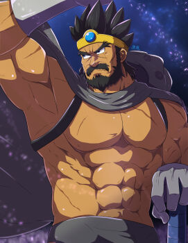 1boy abs arm_up beard black_facial_hair blue_eyes blue_gemstone cape circlet commentary_request dark-skinned_male dark_skin dragon_quest dragon_quest_iii facial_hair gem gloves gold_circlet grey_cape grey_gloves highres looking_to_the_side male_focus mature_male muscular muscular_male ortega_(dq3) scar scar_across_eye scar_on_chest scar_on_face solo spiked_hair topless_male upper_body zeff_ozaki