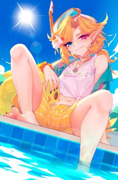 Rule 34 | 1girl, absurdres, ball, bare legs, barefoot, beachball, bird tail, black nails, blonde hair, blue eyes, blue sky, cloud, collarbone, commentary, day, diving mask, diving mask on head, dokibird, dokibird (summer), dragoon (dokibird), ear piercing, earclip, english commentary, fangs, fangs out, feet, goggles, goggles on head, heterochromia, highres, indie virtual youtuber, jewelry, lens flare, long hair, long pointy ears, looking at viewer, low ponytail, midriff, nail polish, navel, official alternate costume, outdoors, pendant, piercing, pointy ears, ponytail, pool, red eyes, ricegnat, ringed eyes, shirt, shorts, single bare shoulder, single off shoulder, sitting, skin fangs, sky, smile, snorkel, snorkel mask, solo, sun, tail, tied shirt, tiles, toenail polish, toenails, toes, virtual youtuber, water, white shirt, yellow shorts