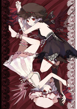 2girls alternate_costume ankle_garter bare_back barefoot bat_wings black_vs_white bloomers breasts dual_persona feet female_focus frilled_thigh_strap from_above gothic_lolita hands_on_feet hat holding_another's_foot kintaro lace lace-trimmed_legwear lace_trim leg_ribbon legs lingerie lolita_fashion looking_at_viewer medium_breasts multiple_girls purple_hair red_eyes remilia_scarlet ribbon rotational_symmetry short_hair sideboob smile strap_gap thigh_strap touhou underwear wings