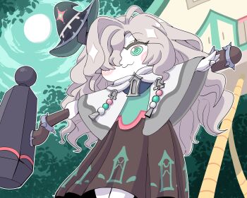 1girl :3 @_@ blush_stickers brown_dress cloak closed_mouth commentary_request dress feet_out_of_frame foliage full_moon green_eyes green_sky hair_over_one_eye hammer hat hat_on_horn highres holding holding_hammer horns house korean_commentary long_hair looking_ahead makasha_(trickcal) moon no_sclera one_eye_covered outdoors outstretched_arms pale_skin pen_(vmffptnlvos) single_horn sky solo spread_arms standing trickcal white_cloak wide-eyed witch_hat