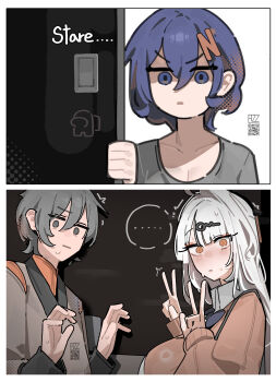 1boy 2girls azz0422 belle_(zenless_zone_zero) blue_hair blush breasts cleavage commentary crewmate_(among_us) grey_eyes grey_shirt hair_between_eyes hair_ornament hairclip hands_up highres large_breasts long_hair looking_at_viewer medium_breasts multiple_girls nervous nervous_sweating shirt short_hair single_hair_intake solo sweat sweatdrop untranslatable_commentary v wise_(soaring_crane)_(zenless_zone_zero) wise_(zenless_zone_zero) yellow_eyes yixuan_(zenless_zone_zero) zenless_zone_zero