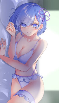 1girl absurdres blue_eyes blue_hair bra breasts cleavage collarbone commentary hair_ornament hair_over_one_eye hair_ribbon heart heart-shaped_pupils highres large_breasts looking_at_viewer lying neopi on_bed on_side panties pink_ribbon re:zero_kara_hajimeru_isekai_seikatsu rem_(re:zero) ribbon short_hair smile solo symbol-shaped_pupils underwear underwear_only white_bra white_panties x_hair_ornament