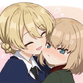 2girls angry black_necktie blonde_hair blue_eyes blue_jacket blush closed_eyes commentary_request darjeeling_(girls_und_panzer) embarrassed girls_und_panzer hug jacket katyusha_(girls_und_panzer) licoris_miko long_hair multiple_girls necktie open_mouth pravda_school_uniform red_jacket school_uniform shirt short_hair size_difference st._gloriana&#039;s_school_uniform upper_body white_shirt