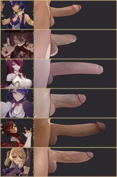 6+futa breasts candace_(genshin_impact) chart dark-skinned_female dark_skin erection eyepatch fischl_(genshin_impact) futanari genshin_impact highres hu_tao_(genshin_impact) huge_breasts large_penis long_image looking_at_viewer medium_penis multiple_futa penis penis_chart penis_comparison penis_size_comparison penis_size_difference pointy_bean raiden_shogun rosaria_(genshin_impact) testicles uncensored veins veiny_penis xinyan_(genshin_impact)