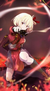 Rule 34 | 1girl, bag, black socks, blonde hair, brown shoes, commentary request, firing, gun, highres, holding, holding gun, holding weapon, looking at viewer, lycoris recoil, nishikigi chisato, outdoors, red eyes, red shirt, red skirt, school bag, school uniform, sengoku chidori, shirt, shoes, short hair, skirt, smile, socks, solo, weapon