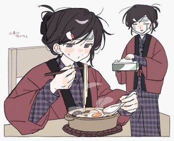 Rule 34 | 1girl, black hair, black pants, black shirt, blush, bowl, box, chair, chinese spoon, chopsticks, claw hair clip, closed eyes, closed mouth, cold pack, folded ponytail, food, grey eyes, hair ornament, hairclip, hanten (clothes), hello kitty, hello kitty hair ornament, highres, holding, holding box, holding chopsticks, holding spoon, long sleeves, mask, mask pull, medium hair, messy hair, mouth mask, multiple views, nnyoe, noodles, nose blush, on chair, open mouth, original, pajamas, pants, plaid clothes, plaid pants, plaid shirt, ramen, runny nose, sanrio, shirt, sick, sitting, small sweatdrop, snot, softboiled egg, spoon, standing, surgical mask, tissue, tissue box, translation request, white background