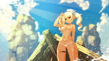 1girl aduare animated animated_gif arm_behind_back arm_up barbara_(genshin_impact) barbara_(summertime_sparkle)_(genshin_impact) bare_shoulders bikini_tan blonde_hair blue_eyes cleft_of_venus completely_nude cowboy_shot day female_pubic_hair genshin_impact hat light_rays looping_animation nipples nude outdoors pixel_art pubic_hair sailor_hat shading_eyes solo sunbeam sunlight tan tanline thigh_strap twintails white_hat wind