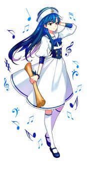 1girl 72producer arm_up bass_clef beamed_eighth_notes beamed_sixteenth_notes blue_bow blue_hair bow closed_mouth dress dress_bow eighth_note floating_hair full_body hat holding holding_map idolmaster idolmaster_(classic) kisaragi_chihaya kneehighs long_hair map mary_janes musical_note puffy_sleeves quarter_note sailor_collar sailor_dress sailor_hat sharp_sign shoes simple_background sixteenth_note smile socks solo standing treble_clef white_background white_dress white_hat white_sailor_collar white_socks