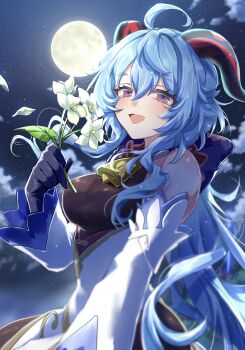 1girl ahoge bare_shoulders bell blue_hair blush bow breasts detached_sleeves flower ganyu_(genshin_impact) genshin_impact gold_trim highres holding holding_flower horns long_hair looking_at_viewer low_ponytail medium_breasts moon neck_bell night open_mouth ponytail purple_eyes qingxin_flower sidelocks smile solo tsubakiharuki white_flower white_sleeves