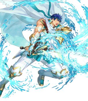 Rule 34 | 1boy, armor, attack, blue eyes, blue hair, blue headband, cape, closed mouth, feathers, fingerless gloves, fire emblem, fire emblem: radiant dawn, fire emblem heroes, frost, gloves, glowing, glowing sword, glowing weapon, greatsword, headband, highres, holding, holding sword, holding weapon, ike (fire emblem), ike (vanguard legend) (resplendent) (fire emblem), kuroba.k, looking at viewer, male focus, muscular, muscular male, nintendo, non-web source, official alternate costume, open mouth, pants, popped collar, ragnell, scarf, solo, sword, v-shaped eyebrows, weapon, white cape, white gloves, white pants, white scarf