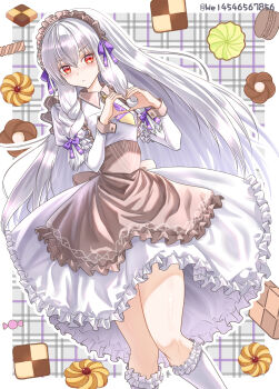 1girl absurdres apron biscuit_(bread) blush braid breasts brown_apron closed_mouth commentary_request cookie dress fire_emblem fire_emblem:_three_houses fire_emblem_heroes food hair_ribbon heart heart_hands highres long_hair long_sleeves looking_at_viewer lysithea_von_ordelia lysithea_von_ordelia_(tea_party) maid maid_headdress necktie nintendo official_alternate_costume official_alternate_hairstyle pink_eyes puffy_sleeves red_eyes revision ribbon small_breasts socks solo thighs twin_braids very_long_hair wade_(njud8343) white_dress white_hair white_socks