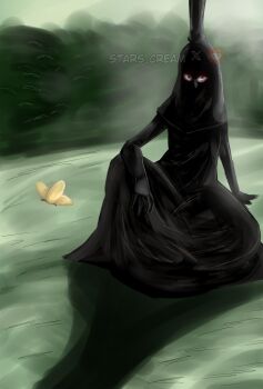 1boy absurdres animal arm_support artist_name berawholoves42069 black_robe bug butterfly commentary crown english_commentary full_body hand_on_floor hand_rest highres insect nerona_imu nerona_imu_(silhouette) one_piece red_eyes reddit_logo reddit_username robe shadow silhouette sitting twitter_logo twitter_username yellow_butterfly