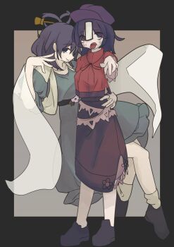 Rule 34 | 2girls, absurdres, blue dress, blue eyes, blue hair, commentary request, dress, hagoromo, hand on another's waist, hat, highres, kaku seiga, looking at viewer, miyako yoshika, multiple girls, myakopu, pointing, pointing at viewer, purple eyes, purple hat, red shirt, shawl, shirt, tongue, tongue out, touhou