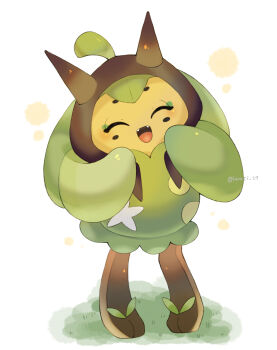 Rule 34 | artist name, blush, closed eyes, commentary request, fangs, highres, iwasi 29, nintendo, ogerpon, ogerpon (teal mask), on grass, open mouth, pokemon, pokemon (creature), standing, twitter username, white background