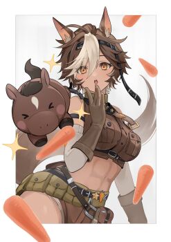 &gt;_&lt; 1girl absurdres animal_ear_fluff animal_ears belt_pouch breast_pocket brown_eyes brown_gloves brown_shirt carrot cropped_shirt detached_sleeves gloves hair_between_eyes highres horse_ears horse_girl horse_tail indie_virtual_youtuber meg_mumu open_mouth pocket pouch second-party_source shirt short_hair short_shorts shorts star_(symbol) stomach tail tomoe_umari tomoe_umari_(umari_3.0) umarmy_(tomoe_umari) virtual_youtuber white_sleeves
