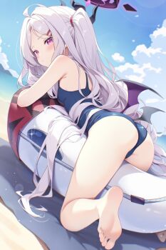 1girl absurdres ass barefoot black_horns blue_archive blue_one-piece_swimsuit blush breasts chaoji_da_yuwan closed_mouth demon_girl demon_horns demon_wings feet grey_hair halo highres hina_(blue_archive) hina_(swimsuit)_(blue_archive) horns innertube loli long_hair looking_at_viewer low_wings multiple_horns official_alternate_costume one-piece_swimsuit outdoors purple_eyes purple_halo purple_wings small_breasts soles solo swim_ring swimsuit toes very_long_hair white_hair wings