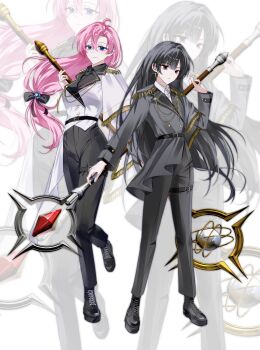 2girls absurdres black_eyes black_hair black_jacket black_pants blue_eyes earrings epaulettes fringe_trim full_body highres holding holding_staff jacket jewelry long_hair looking_at_viewer low-tied_long_hair mole mole_under_mouth multiple_girls original pants pink_hair side_cape staff standing standing_on_one_leg very_long_hair white_jacket yoonsa zoom_layer