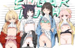 Rule 34 | 4girls, ahoge, airi (band) (blue archive), airi (blue archive), animal ears, black hair, black panties, blonde hair, blue archive, blush, bra, breasts, brown eyes, brown hair, cat ears, censored, clearite, cleft of venus, clothes around waist, clothes lift, double v, female pubic hair, grin, groin, halo, heart, heart censor, highres, kazusa (band) (blue archive), kazusa (blue archive), lifted by self, long hair, looking at viewer, multicolored hair, multiple girls, natsu (band) (blue archive), natsu (blue archive), navel, nipples, off shoulder, panties, panty pull, pink eyes, pink hair, pink panties, pleated skirt, pubic hair, pussy, pussy juice, scrunchie, shirt lift, short hair, simple background, skirt, skirt lift, small breasts, smile, teeth, twintails, two-tone hair, underwear, v, white background, yoshimi (band) (blue archive), yoshimi (blue archive)