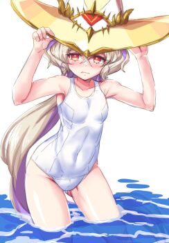 Rule 34 | 1girl, blonde hair, blush, closed mouth, commentary request, covered navel, duel masters, duel masters play's, embarrassed, gold trim, hair between eyes, hands on headwear, hat, highres, long hair, lumiere (duel masters), multicolored hair, musan (mu34mi), one-piece swimsuit, orange eyes, purple hair, solo, swimsuit, very long hair, wading, white background, white one-piece swimsuit, witch hat, yellow hat