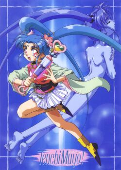1990s_(style) 1girl barefoot blue_background blue_hair closed_eyes convenient_censoring copyright_name crossed_arms facial_mark flower forehead_mark freckles hair_bobbles hair_flower hair_ornament holding holding_wand kawai_sasami long_hair long_sleeves looking_at_viewer magical_girl mahou_shoujo_pretty_sammy non-web_source official_art open_mouth pink_eyes pleated_skirt pretty_sammy_(character) profile retro_artstyle skirt soles tenchi_muyou! twintails very_long_hair wand white_skirt wide_sleeves