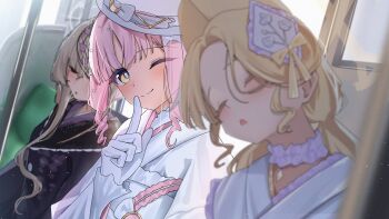 3girls ;) absurdres alternate_costume blonde_hair blue_archive blush brown_hair choker commentary_request frilled_choker frills gloves halo highres japanese_clothes kazu_(kauk3753) kimono leaning_to_the_side looking_at_viewer mika_(blue_archive) multiple_girls nagisa_(blue_archive) one_eye_closed pink_hair purple_kimono seia_(blue_archive) sitting sleeping smile tea_party_(blue_archive) train_interior upper_body white_gloves white_kimono yukata