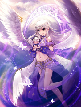 Rule 34 | 1girl, bikini, bug, butterfly, closed mouth, cloud, commentary request, crescent, detached sleeves, doll, feathered wings, feet out of frame, gobaku no hito, green eyes, holding, holding doll, insect, long hair, looking at viewer, lunar danseuse (ragnarok masters), midriff, multiple wings, navel, purple bikini, purple skirt, purple sky, purple sleeves, ragnarok masters, ragnarok online, sidelocks, skirt, sky, smile, solo, swimsuit, white butterfly, white hair, white wings, wings