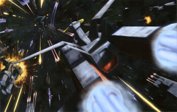 a_baoa_qu artist_request asteroid battle beam_cannon debris destruction earth_federation_space_forces explosion firing fleet gundam gundam_perfect_file magazine_scan megellan_(gundam) mobile_suit_gundam motion_blur painting_(medium) radio_antenna realistic salamis_class scan scene_reference science_fiction space space_station spacecraft spoilers thrusters traditional_media white_base wreckage zeon