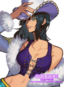 1girl arm_up black_hair blue_eyes blunt_bangs breasts cleavage collarbone commentary_request copyright_logo copyright_name copyright_notice cowboy_hat dutch_angle fur-trimmed_jacket fur_trim hand_on_own_hat hat highres jacket logo long_sleeves looking_at_viewer looking_to_the_side medium_breasts medium_hair midriff navel nico_robin nose off_shoulder official_art one_piece one_piece_card_game parted_lips purple_shirt shirt sidelocks simple_background single_bare_shoulder smile solo sunohara_(encount) upper_body white_background white_hat white_jacket wide_hips